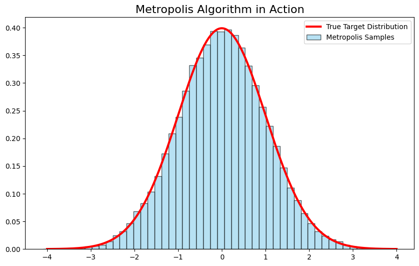 Metropolis algorithm sampling a 1D normal distribution